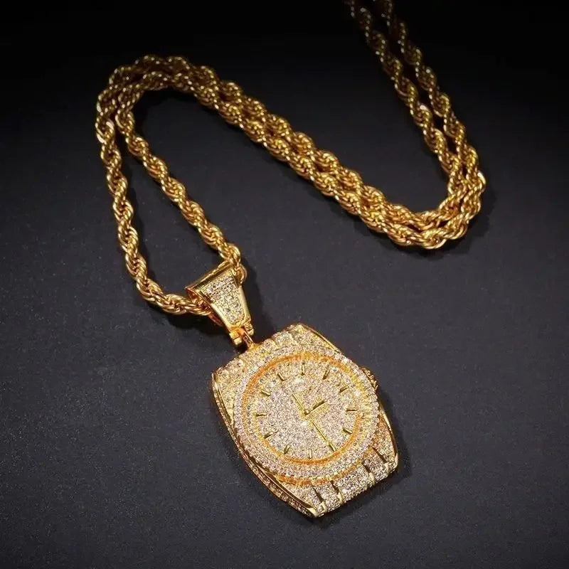 Zircon Watch Shape Pendant Necklace — Zinc Alloy