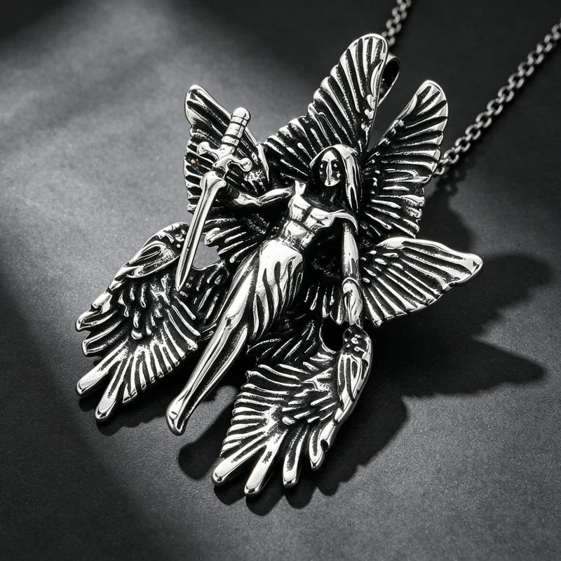 KALEN Vintage Gothic Fallen Angel Pendant Necklace For Men Stainless Steel Death Grim Reaper Wing Totem Charm Fashion Jewelry