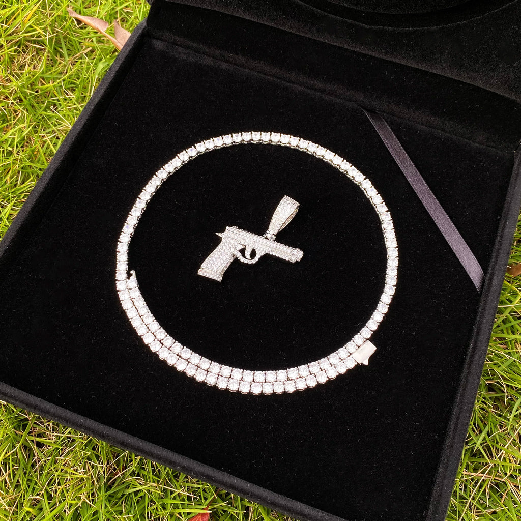 Aokaishen Iced Out Gun Necklace Pendant for Men Street Culture Prong Setting Charm Cubic Zirconia Hip Hop Jewelry