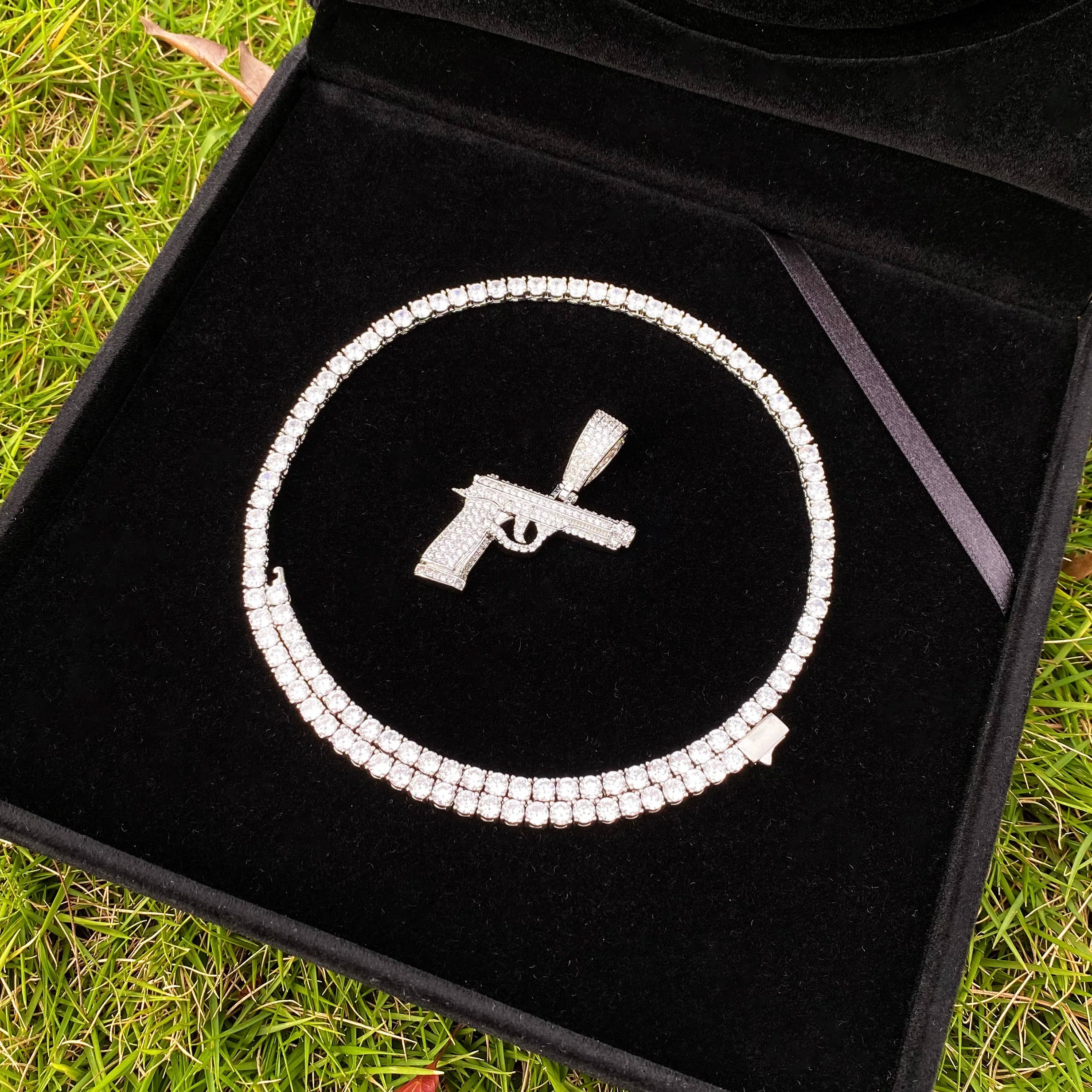 Aokaishen Iced Out Gun Necklace Pendant for Men Street Culture Prong Setting Charm Cubic Zirconia Hip Hop Jewelry