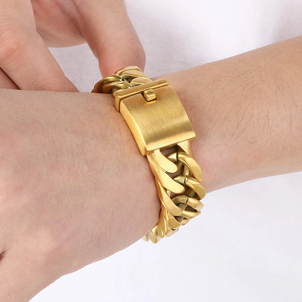 Matte Brushed Stainless Steel Men's Bracelets Black Gold Color 18MM Wide Cuban Link Chain Bracelet for Men Engraved