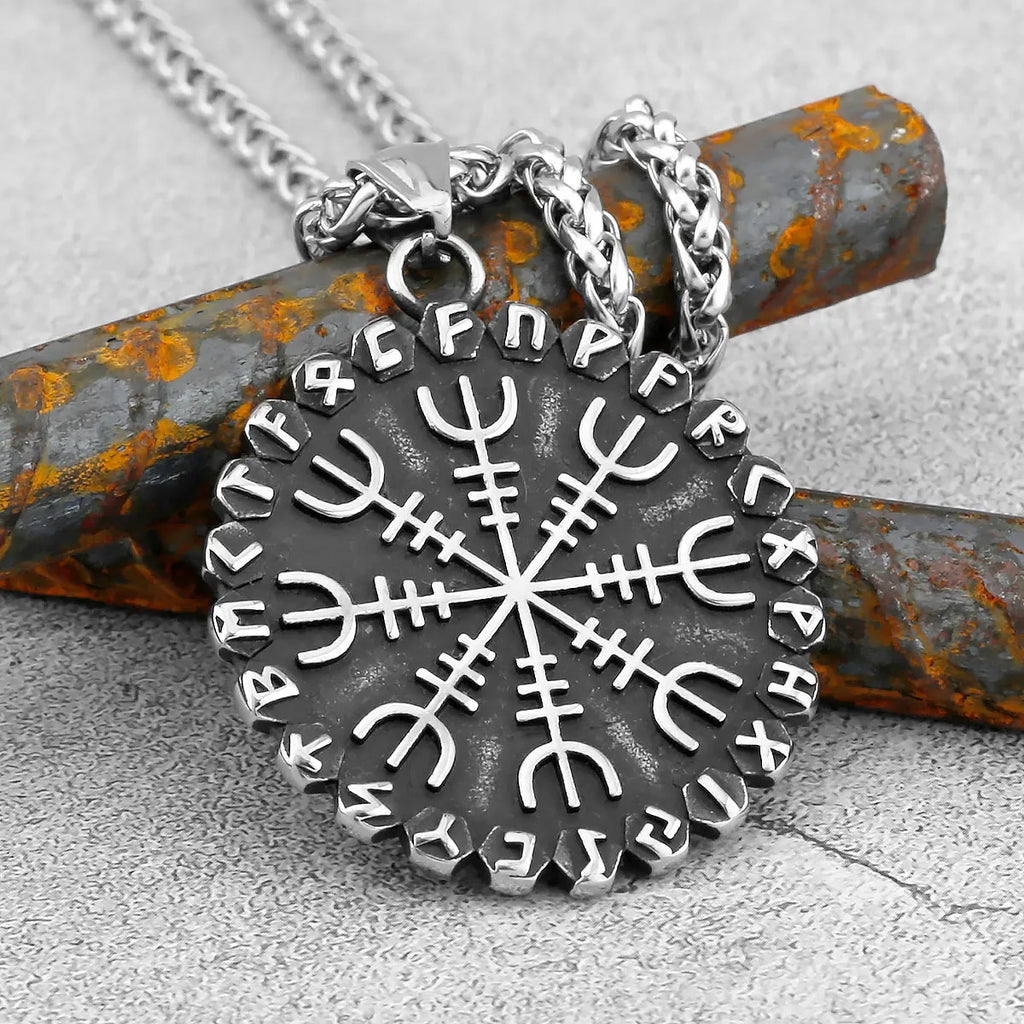 316L Stainless Steel Viking Odin's Symbol of Norse Runic Pendant Necklace Viking Rune Vegvisir Compass Amulet Pendants