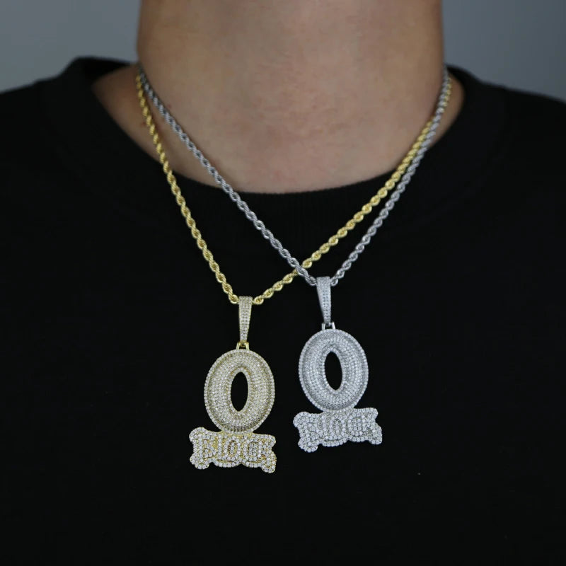 Iced Out Letter O Block Pendant Bling Cubic Zirconia Micro Pave Cz Paved Hip Hop Men Boy Rope Chain Jewelry