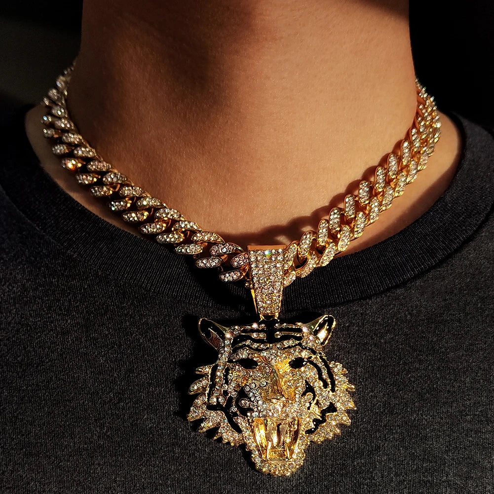 Iced Out Tiger Head Cuban Pendant — Gold