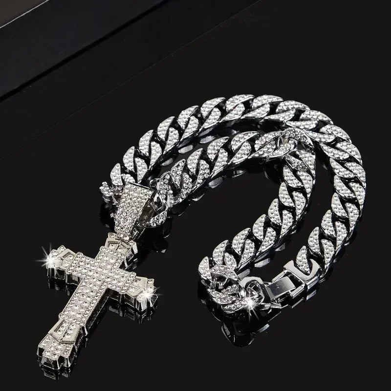 Hip Hop Big Cross Pendant Necklace Punk Fashion Miami Cuban Chain for Men and Women Religious Prayer Jewelry Accessories