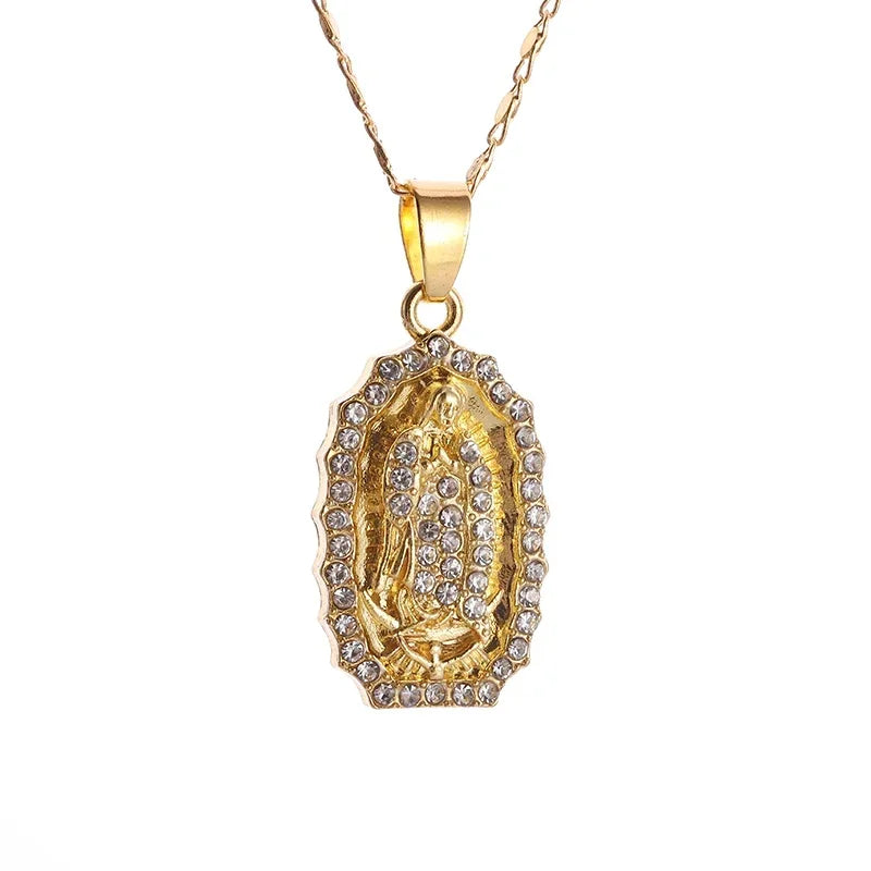 Virgin Mary Medal Iced Pendant Necklace