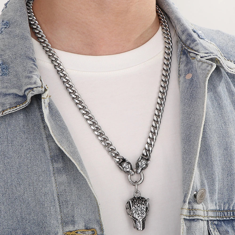 Massive Men's Wolf Head Pendant Necklace for Man 316L Stainless Steel Cuban Link Chain Gothic Hip Hop Streetwear Viking