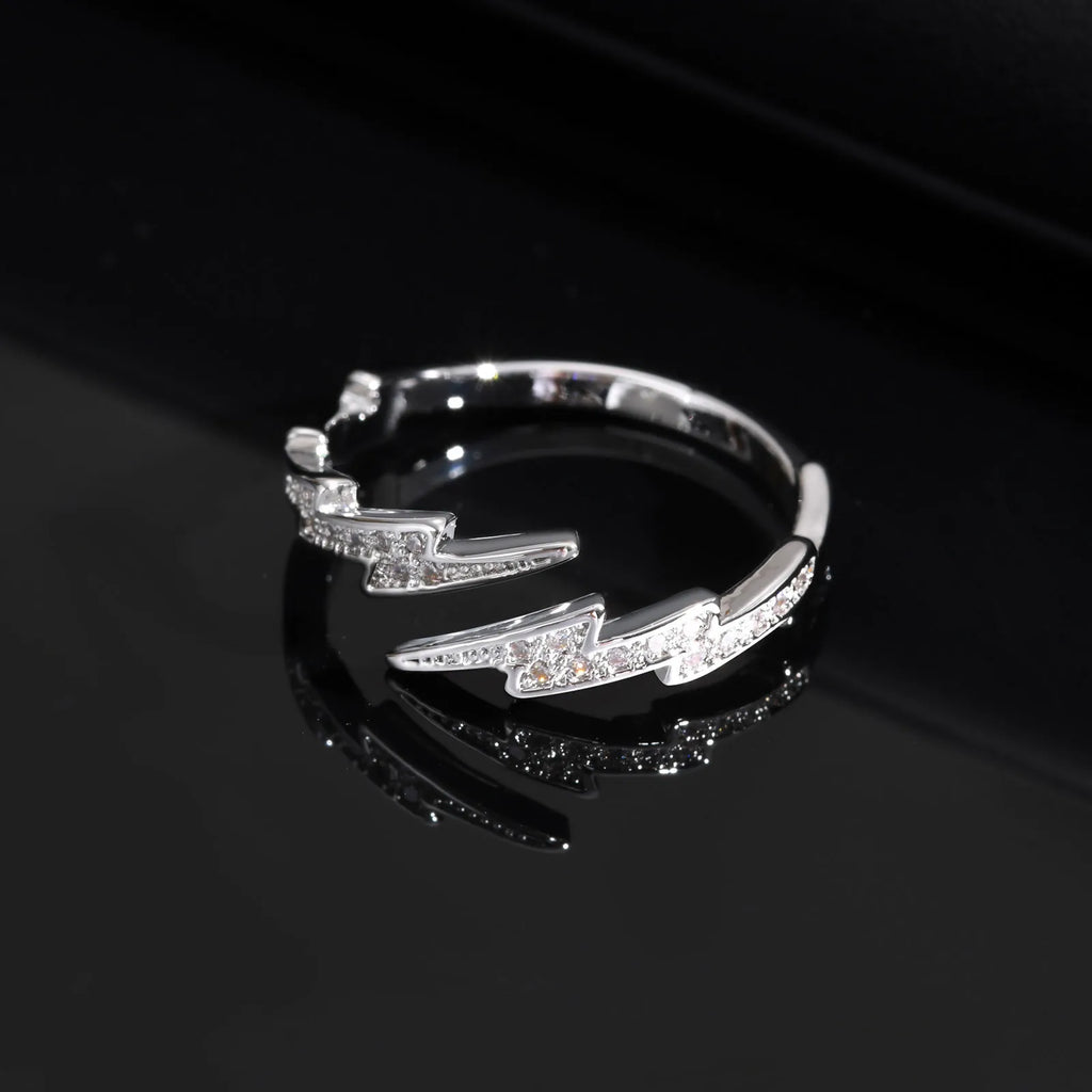 Iced Out Zircon Lightning Open Ring — Stainless Steel