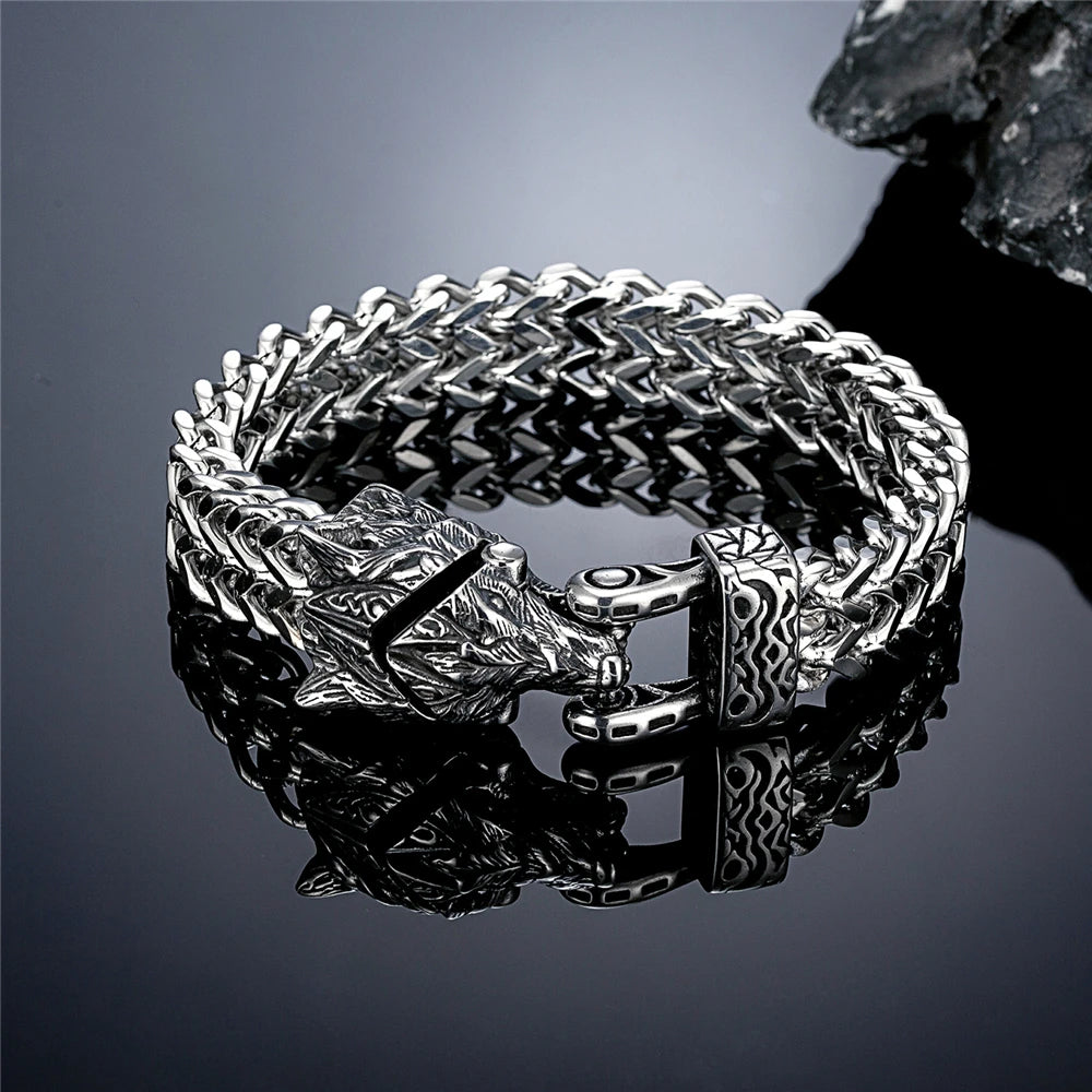 Retro Vikings Bear Norse Wolf Bracelets Men Punk Stainless Steel Mesh Chain Snake Eagle Animal Biker Wristband