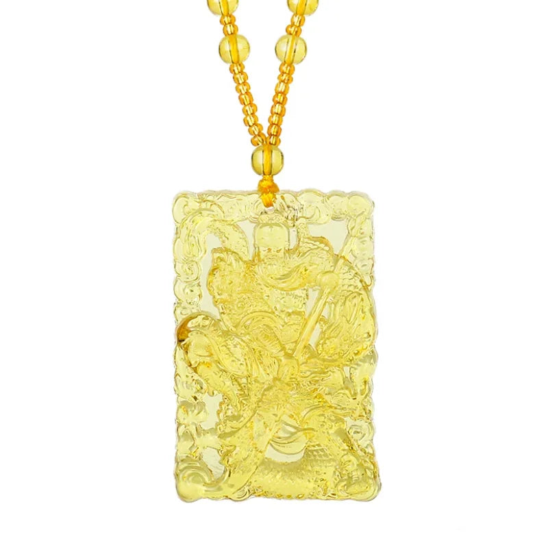 Chinese Citrine Guan Yu Pendant Necklace Lucky Ward Off Evil Spirits Auspicious Amulet Sweater Chain Protection Jewelry Gift