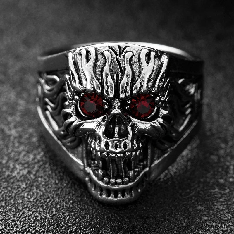 Gothic Exaggerated Skull Ring with Red Eyes — Silver-Tone