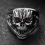 Gothic Exaggerated Skull Ring with Red Eyes — Silver-Tone