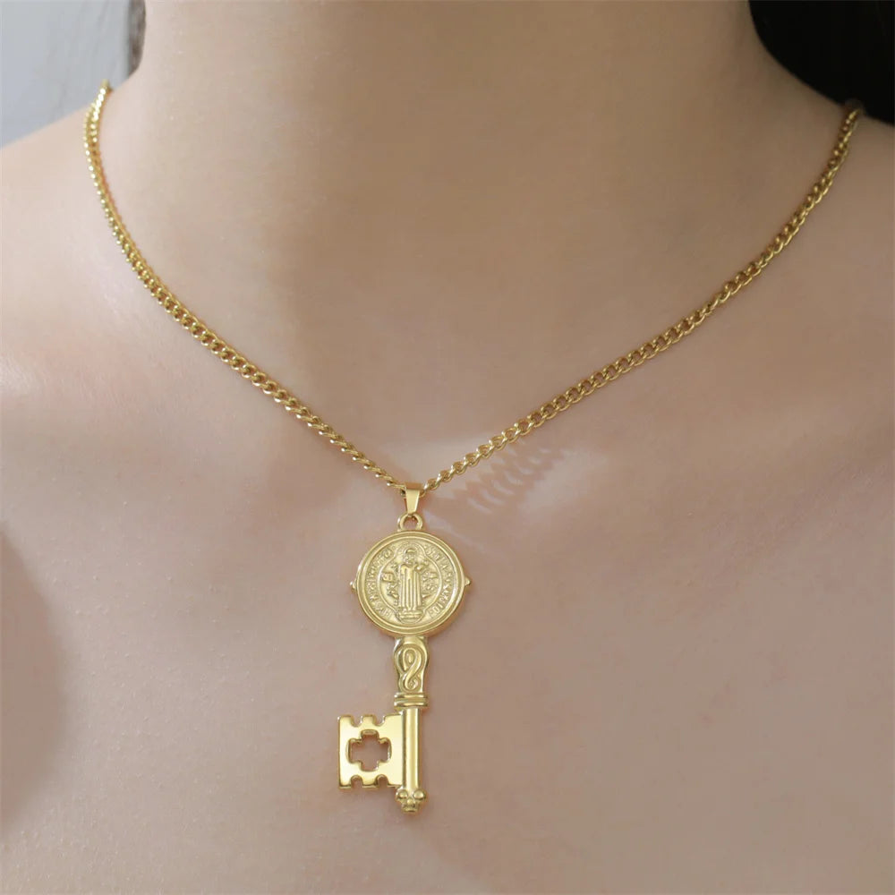 My Shape Saint Benedict Key Necklace for Women Men St. Benedict Key Shape Medal Pendants Chain Stainless Steel Religious Jewelry