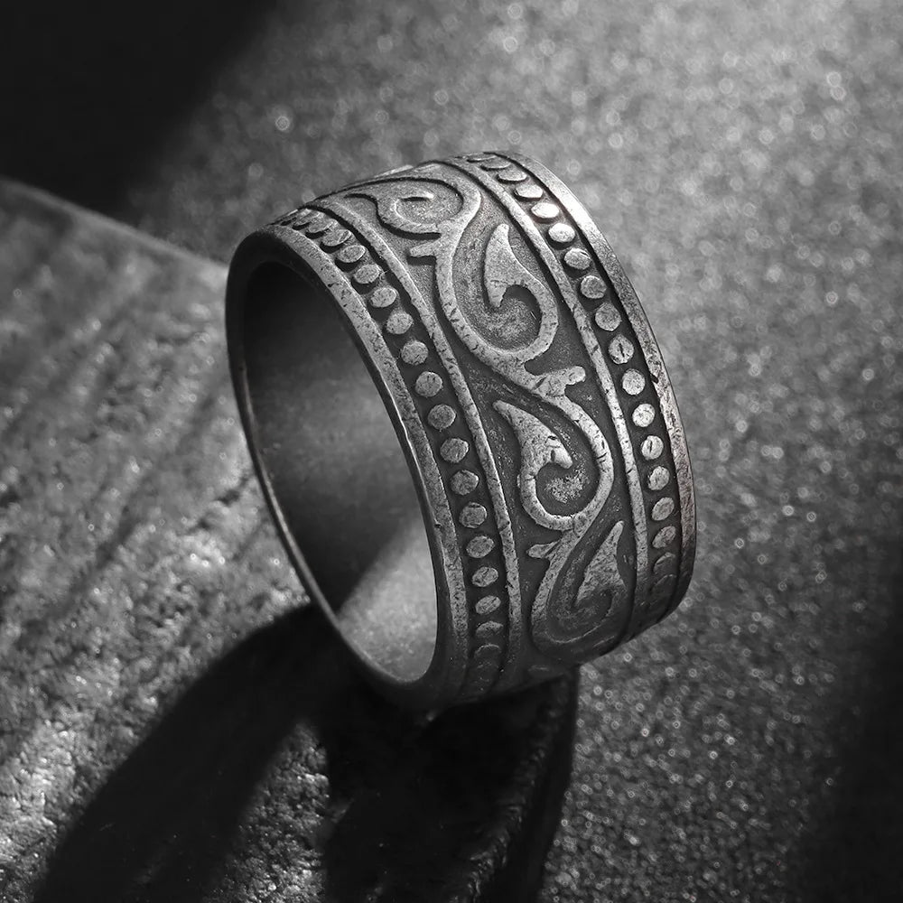 HNSP 316L Stainless Steel Vintage Scroll Vine Carved 13MM Wide Band Ring for Men Biker Punk Antiqued Oxidized Statement