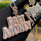 New Hip Hop Money Pendant Necklace Gold Color Iced Out Bling CZ Cubic Zirconia Letters Rich Dollar Charm Men Women
