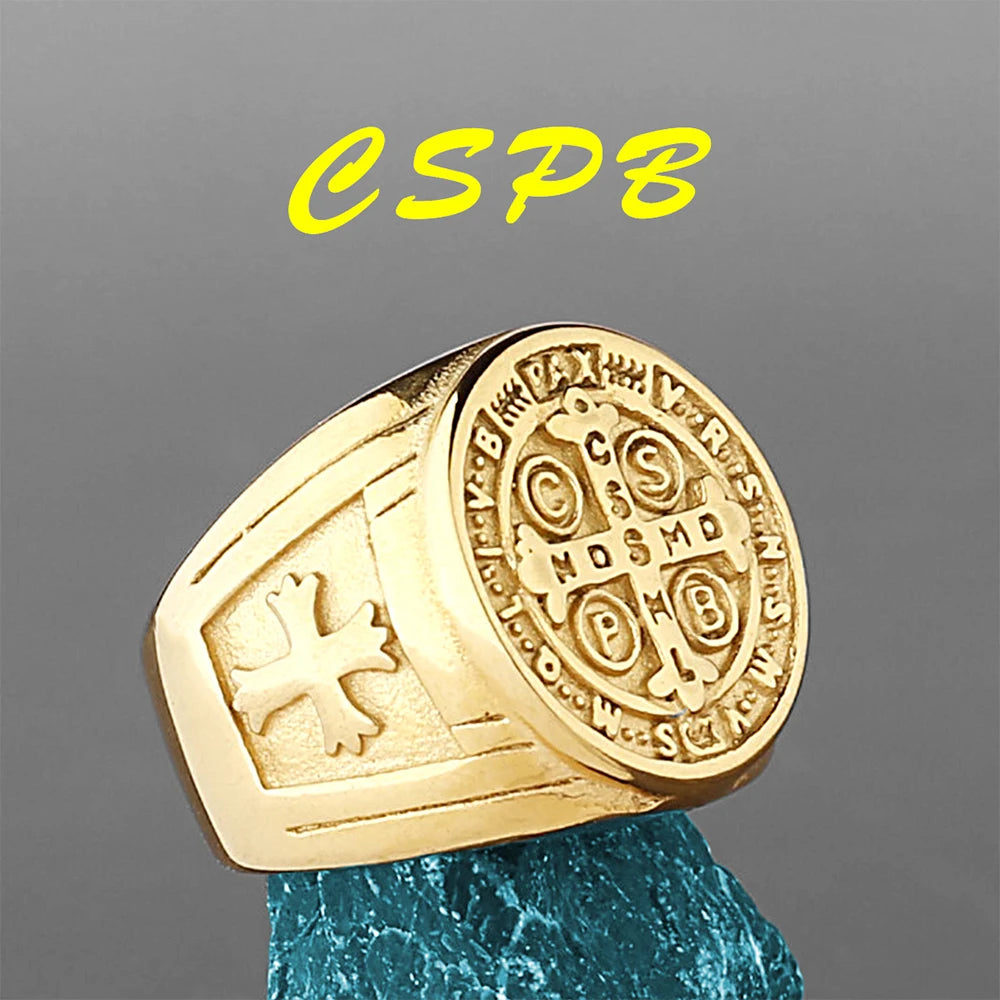 Vintage Christian St. Benedict Cspb Cross Ring For Men Punk Hip Hop Stainless Steel Jesus Ring Jewelry Creative Gift