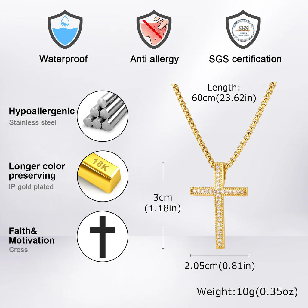 Hip Hop Cool AAA Cubic Zircon Cross Necklace for Men, Stainless Steel Chain Vintage Cross Pendant, Religious Punk Jewelry