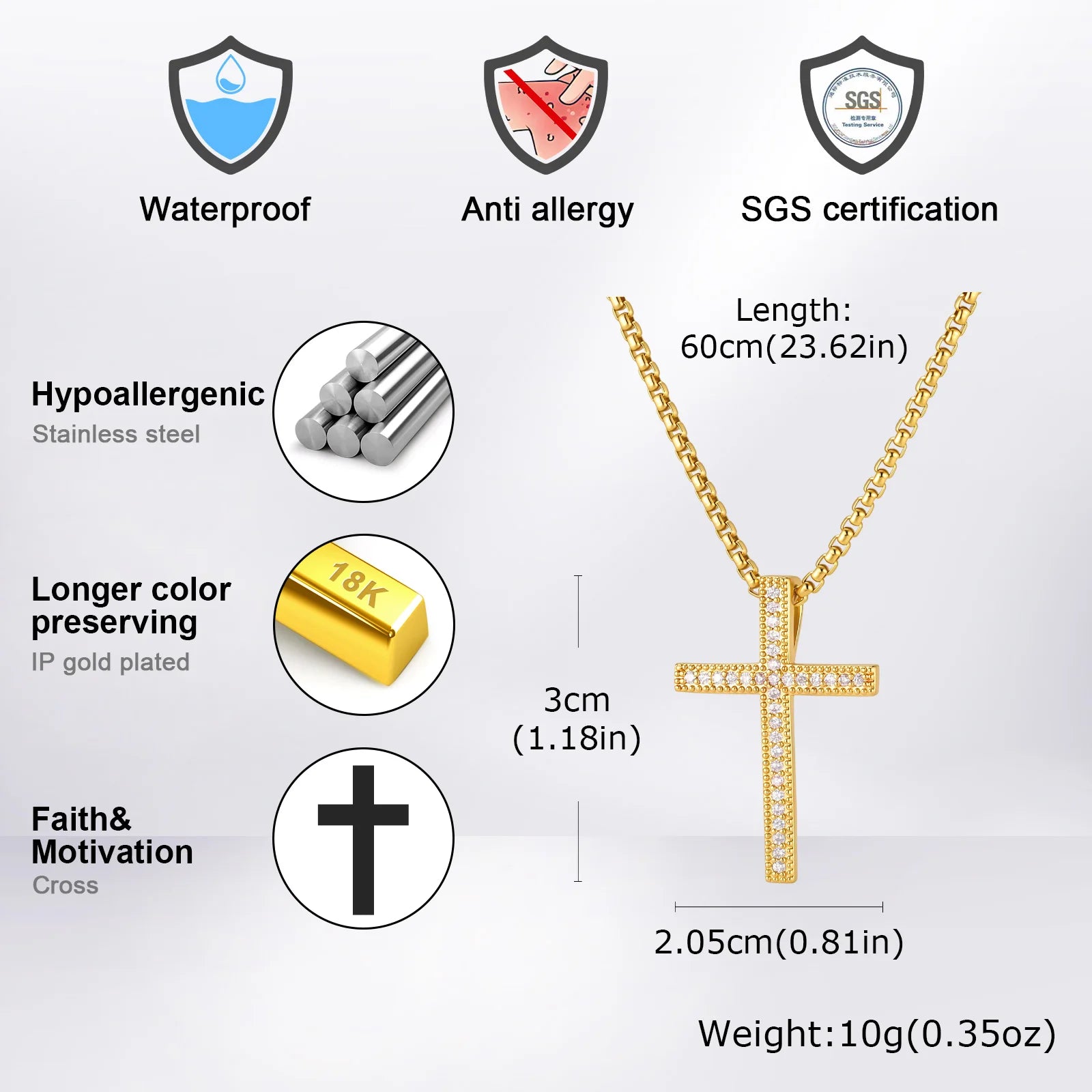 Hip Hop Cool AAA Cubic Zircon Cross Necklace for Men, Stainless Steel Chain Vintage Cross Pendant, Religious Punk Jewelry
