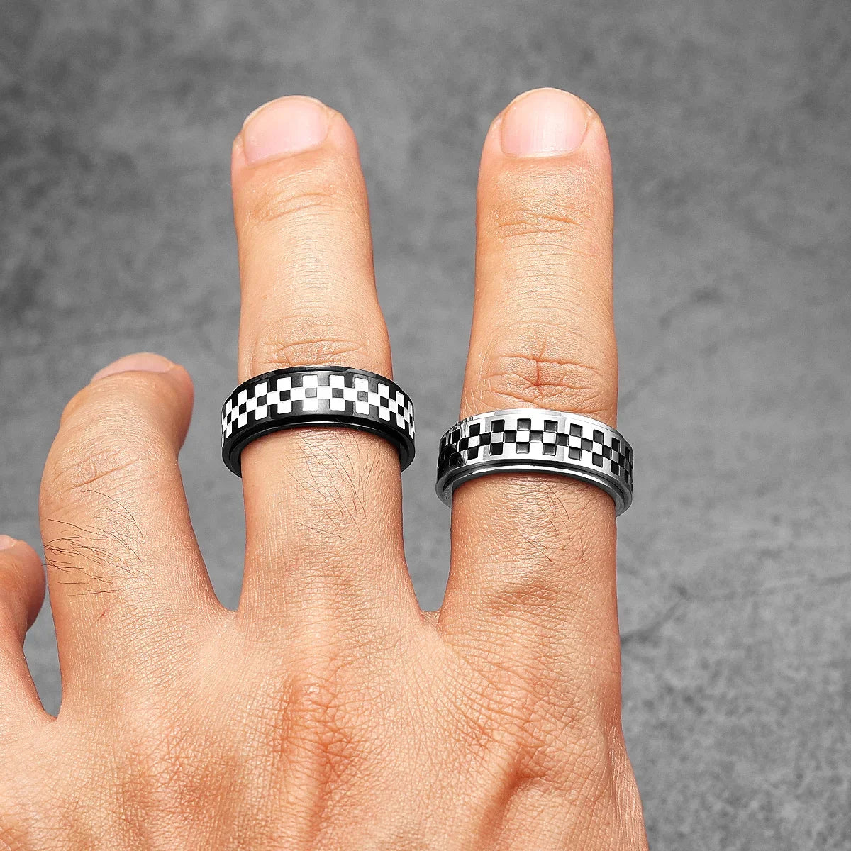 Racing Checkerboard Fidget Spinner Men Rings Stainless Steel Punk Rock Simple Women Jewelry Fashion Accessories Gift