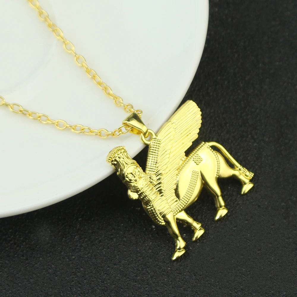 Assyrian Ashur & Lamassu Pendant Necklace — Gold or Silver-Tone