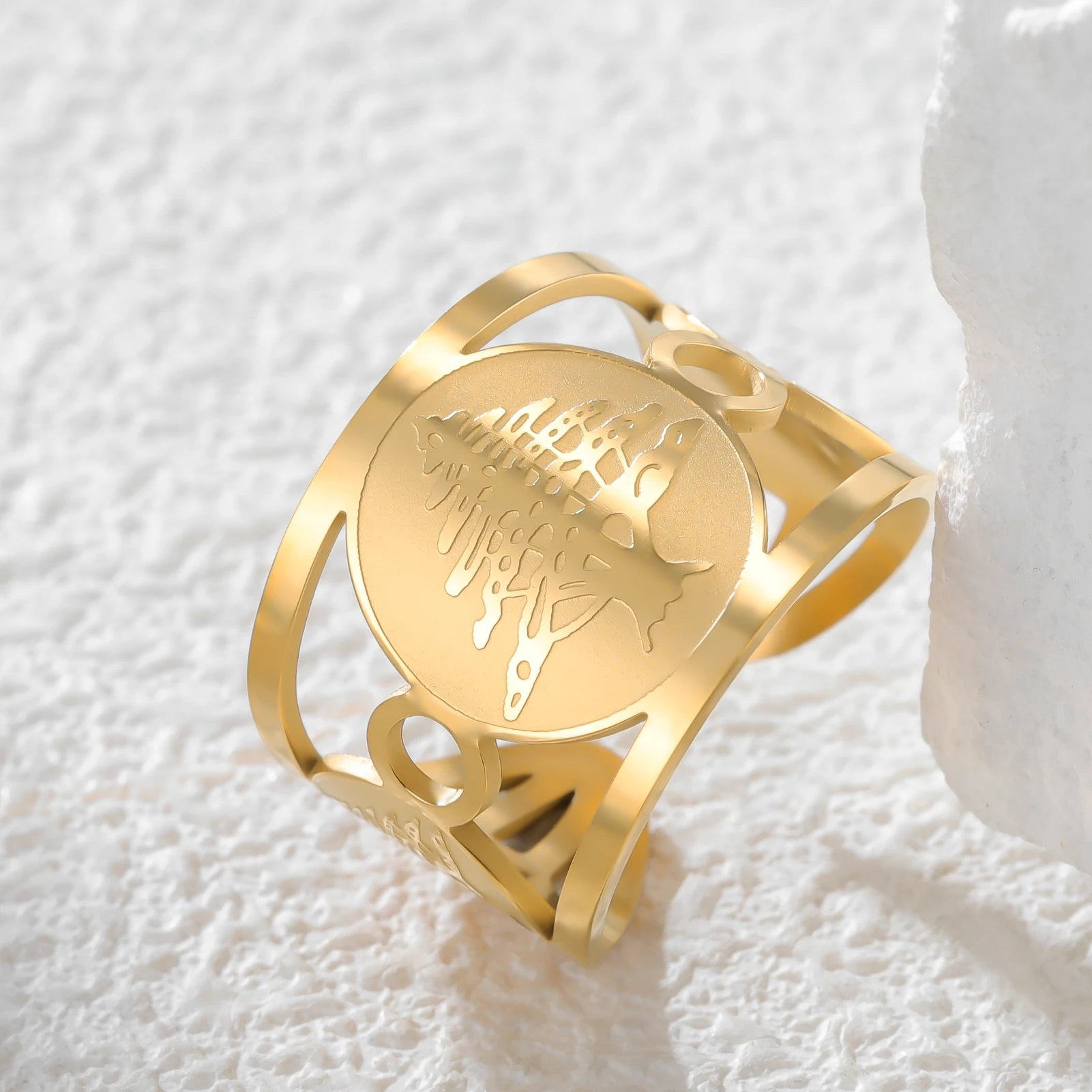 Lebanon Cedar Tree Cuff Ring Hollow Wide Open Band Stainless Steel Patriotic Lebanese National Emblem Jewelry For Lebanese