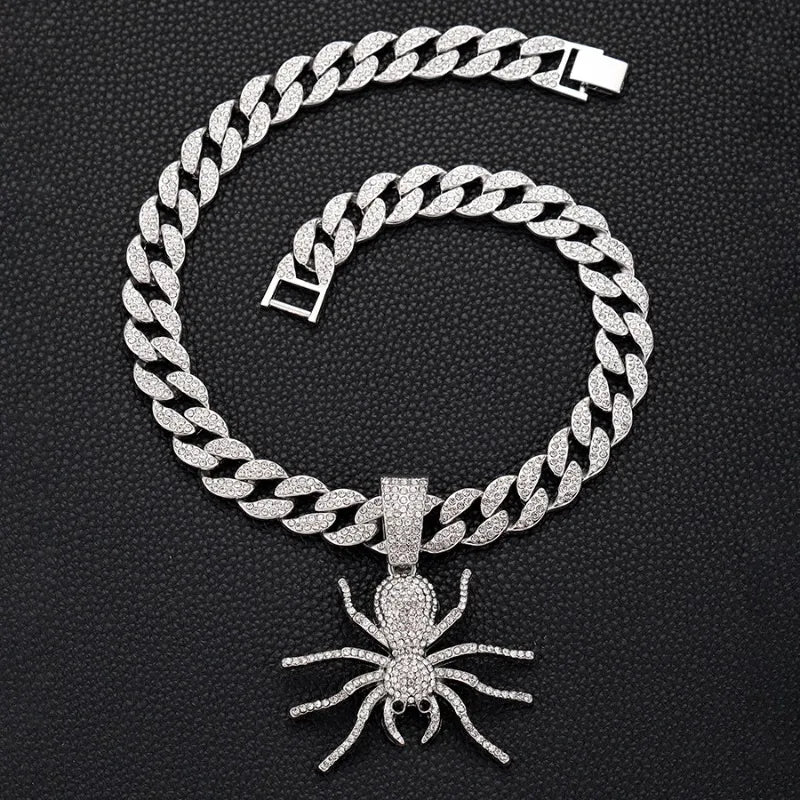Bold Hip Hop Cuban Chain Necklace with Spider Pendant – Trendy Men's Gothic Jewelry, Punk Streetwear Accessory