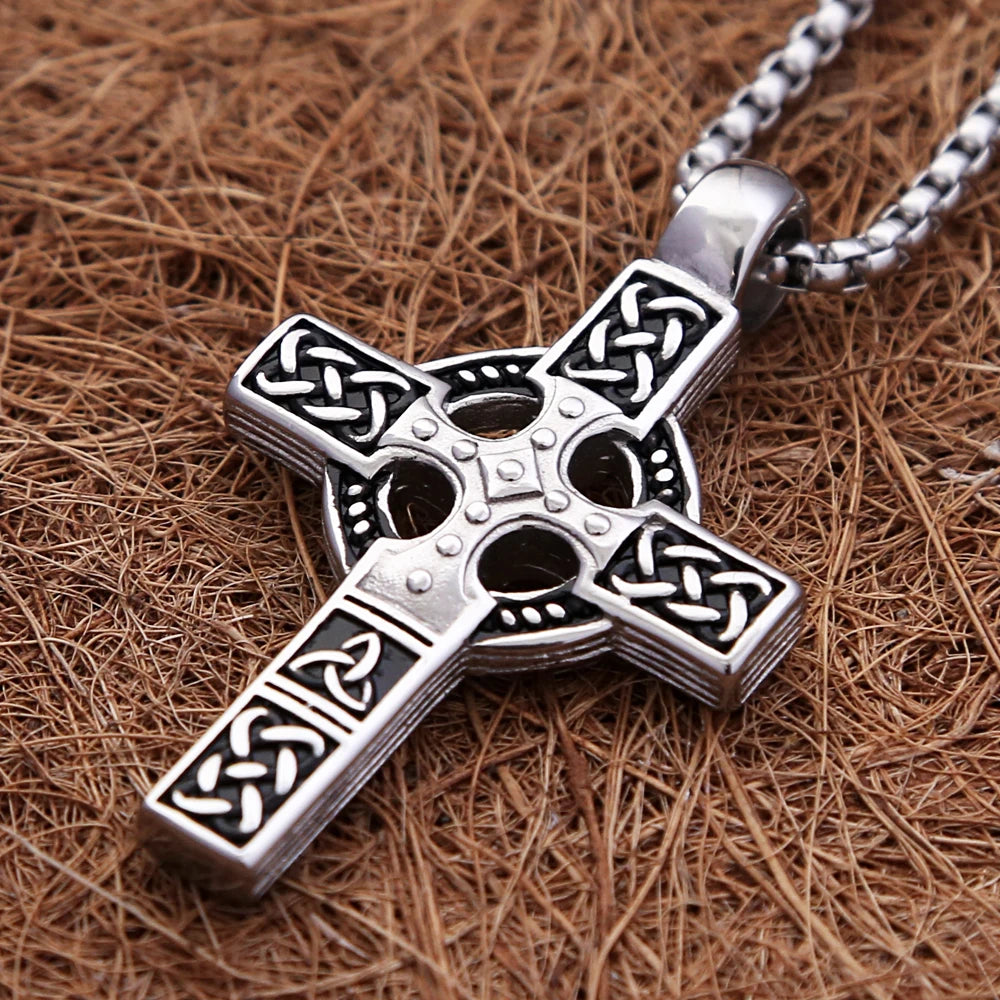 Fashion Vintage Stainless Steel Cross Pendant Necklace For Men Nordic Viking Celtic Knot Necklaces Amulet Jewelry Gift
