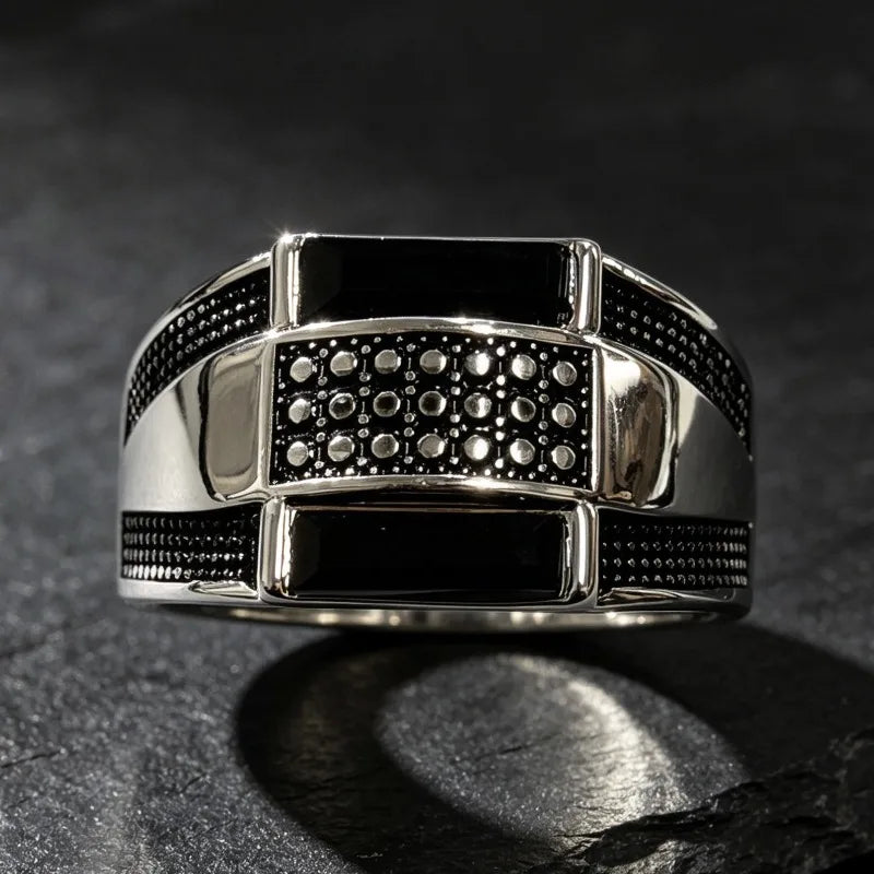 Retro Punk Statement Ring for Men — Silver-Tone, Black