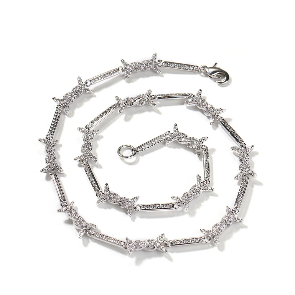 THE BLING KING 3mm Thin Iced Barbed Wire Necklace Micro Paved Cubic Zirconia Punk Twist Spiked Thorns Charm Link Chain Choker