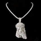 Stylish 3D Jesus Pendant Necklace - Hip Hop Inspired with Layered Cuban & Tennis Chains, Rhinestone Accents,Fashion