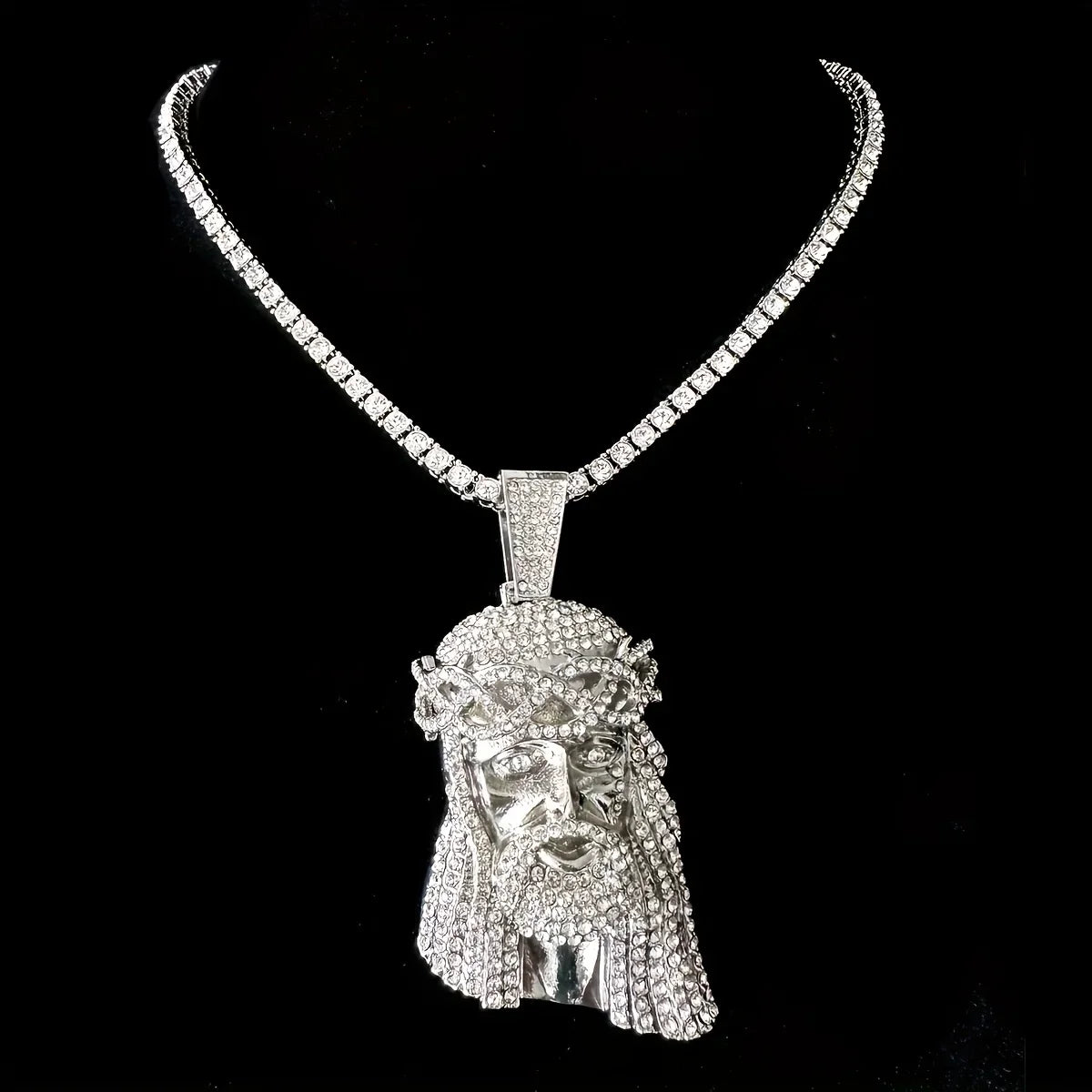 Stylish 3D Jesus Pendant Necklace - Hip Hop Inspired with Layered Cuban & Tennis Chains, Rhinestone Accents,Fashion