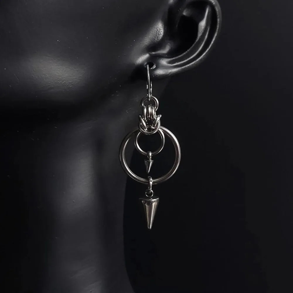 Gothic Punk Rivet Tassel Double Ring Dangle Earrings 304 Stainless Steel Hoop Earrings for Men Women Rock Hip-hop Street Jewelry
