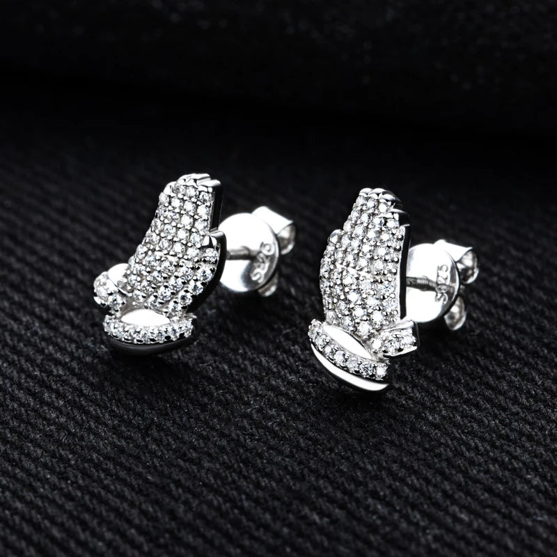 Iced Out Prayer Hand Earrings — 925 Silver