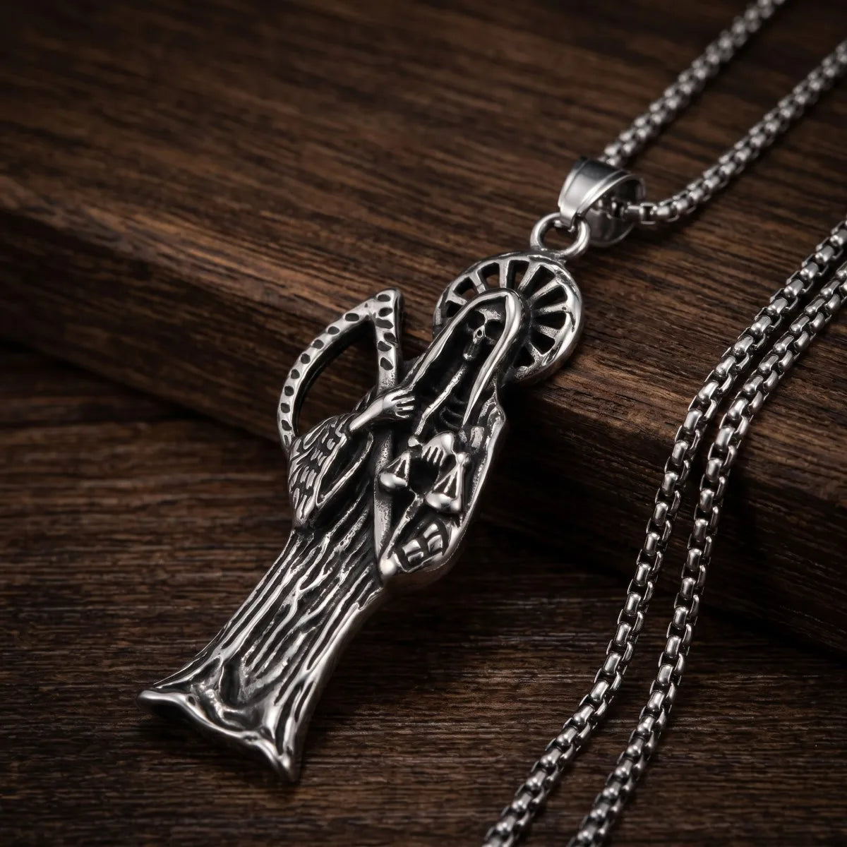 Silvery Stainless Steel Santa Muerte Grim Reaper Scales Pendant Necklace Gothic Mexican Dark Religious Jewelry Gift For Men Wome