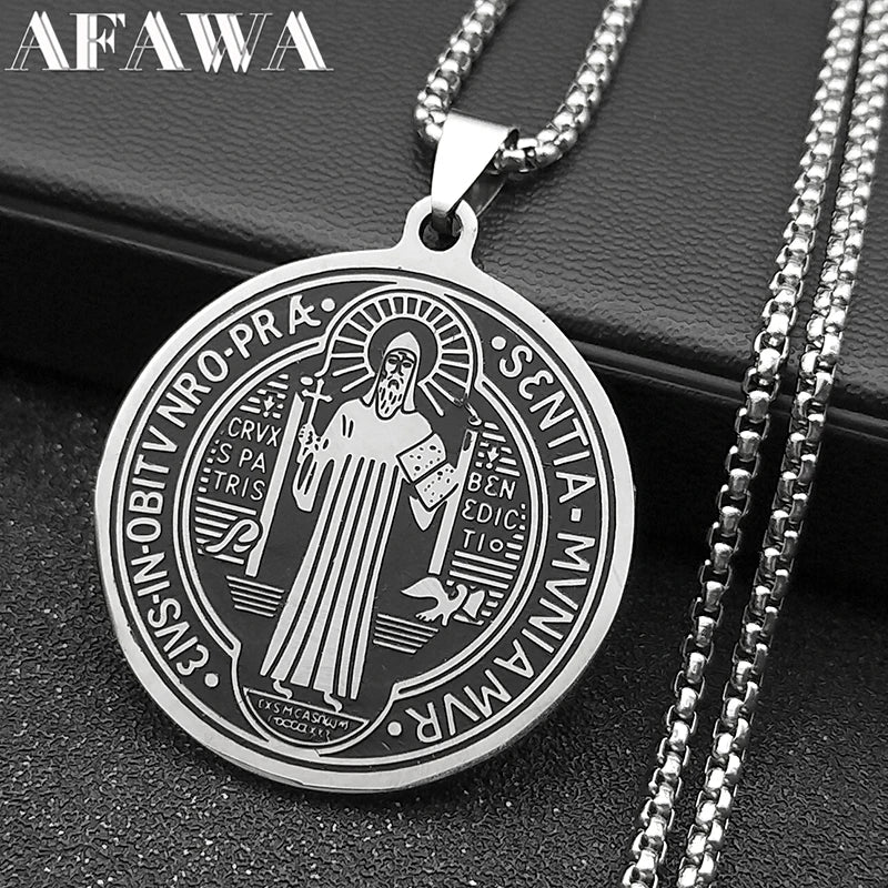 Saint Benedict Medallion Pendant Necklace for Women Men Stainless Steel Black Color Christian Spiritual Chain Jewelry N2588-6S02