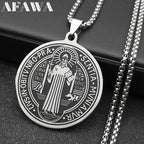 Saint Benedict Medallion Pendant Necklace for Women Men Stainless Steel Black Color Christian Spiritual Chain Jewelry N2588-6S02