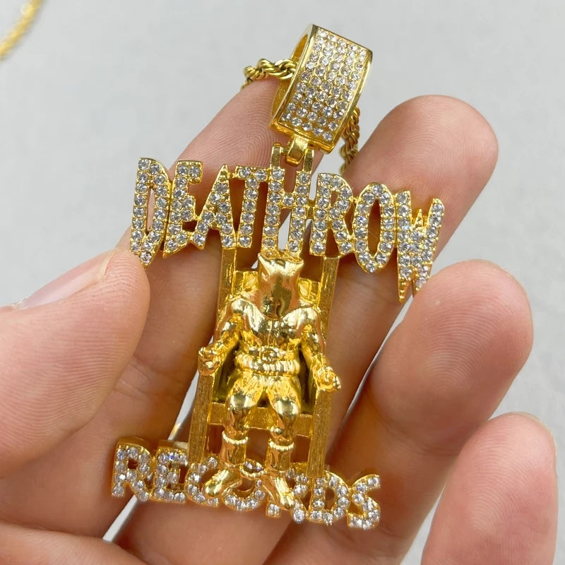 Hip Hop DEATHROW RECORDS Prisoner gold color Necklace with Rhinestones Pendant Accessories For Man Woman Iced Out