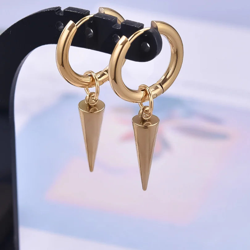 Spike Cone Drop Huggie Hoop Earrings for Men — Stainless Steel