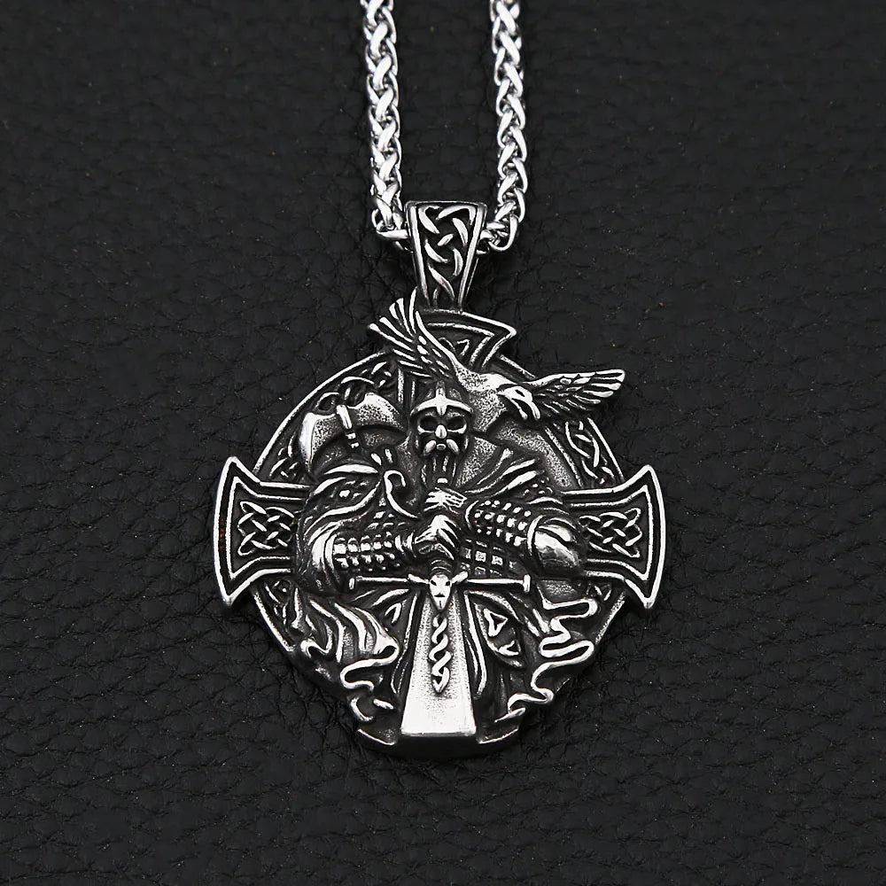Vintage Viking Warrior Odin Necklace Men Nordic Stainless Steel Cross Trinity Pendant Necklace Gothic Skull Chain