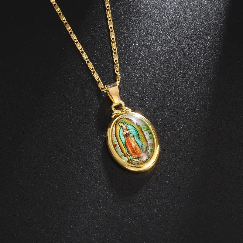 Virgin Mary Medal Iced Pendant Necklace