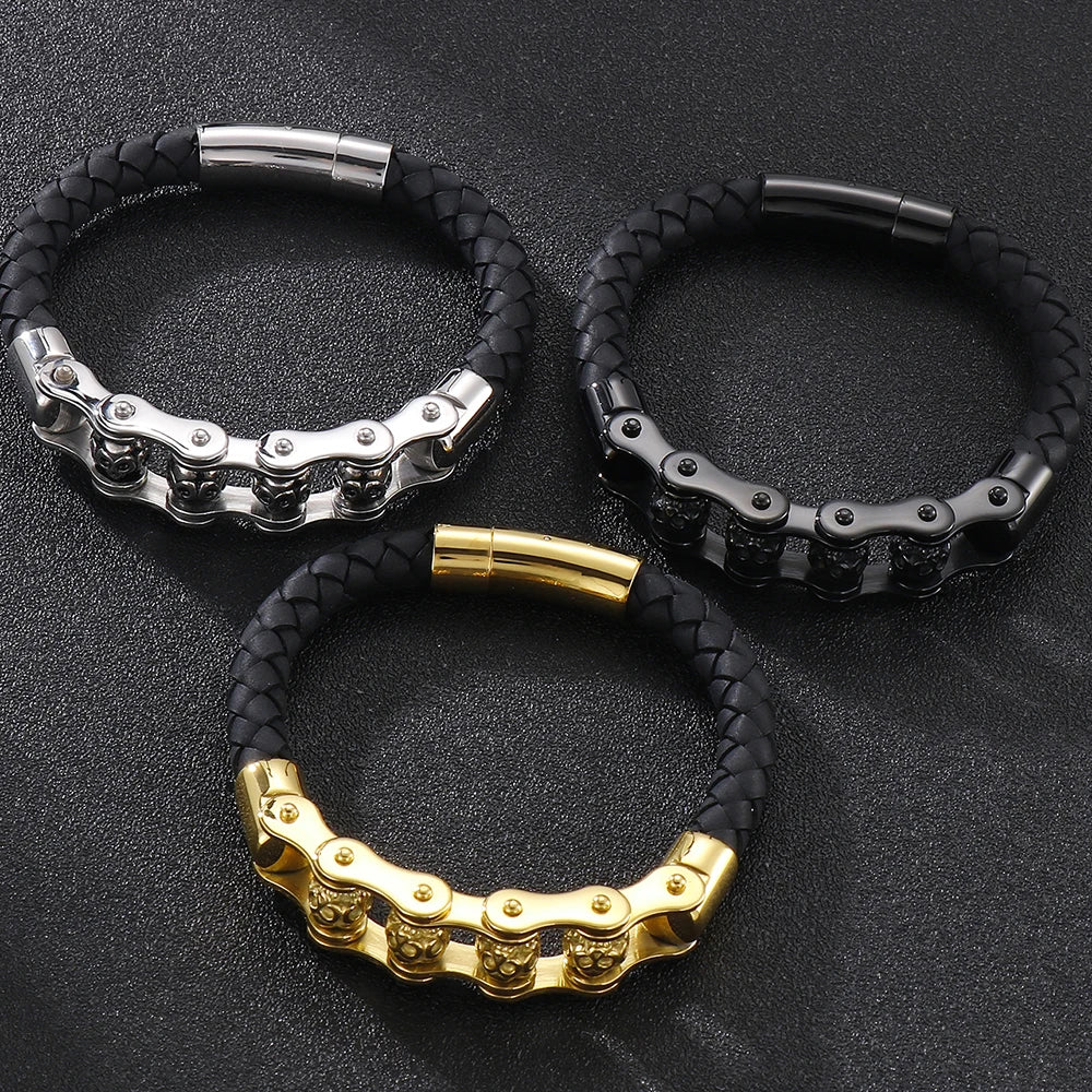 Rotatable Relieve Stress Skull Head Beads Bracelets for Man Punk Gothic Stainless Steel & Leather Motorcycle Biker