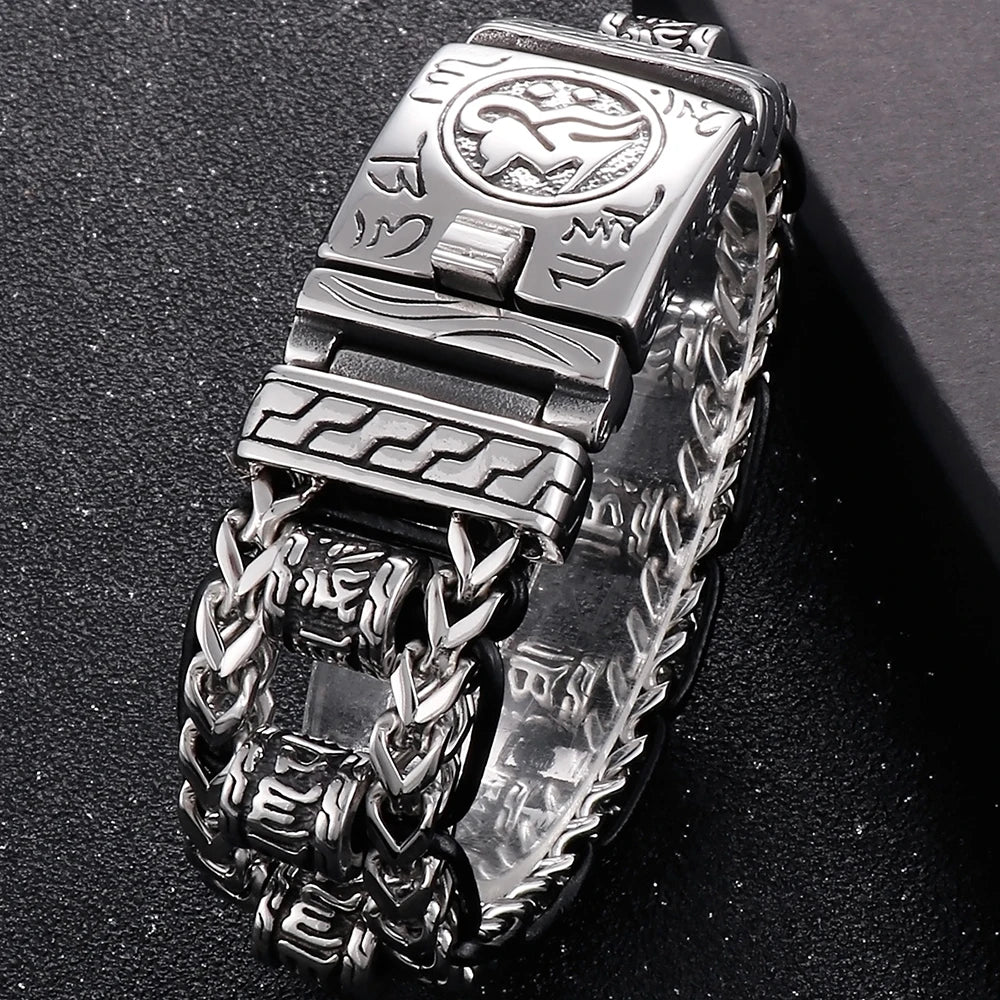 Religious Man Bracelet Stainless Steel 22MM Width Buddhist Scriptures Link Men's Bracelets Leather Wristband On Hand