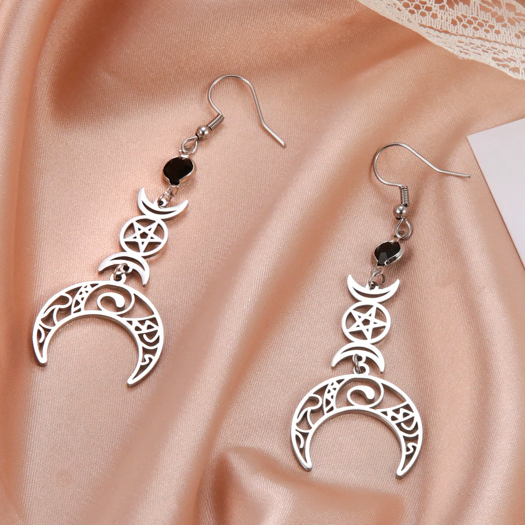 Teamer Vintage Triple Witch Moon Pentagram Goddess Earrings for Women Witchcraft Stainless Steel Amulet Jewelry Gifts