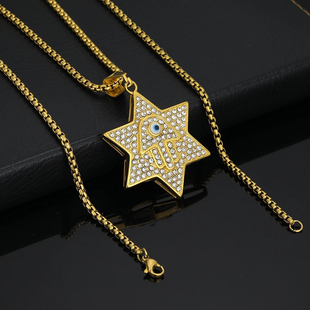 Hamsa Evil Eye Star of David Pendant Necklace — Gold-Tone Steel