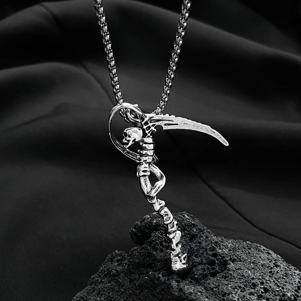 Gothic Death Scythe Pendant Skull Demon Ghost Pendant Necklace For Men Women Punk Motorcycle Rock Halloween Party Jewelry Gifts