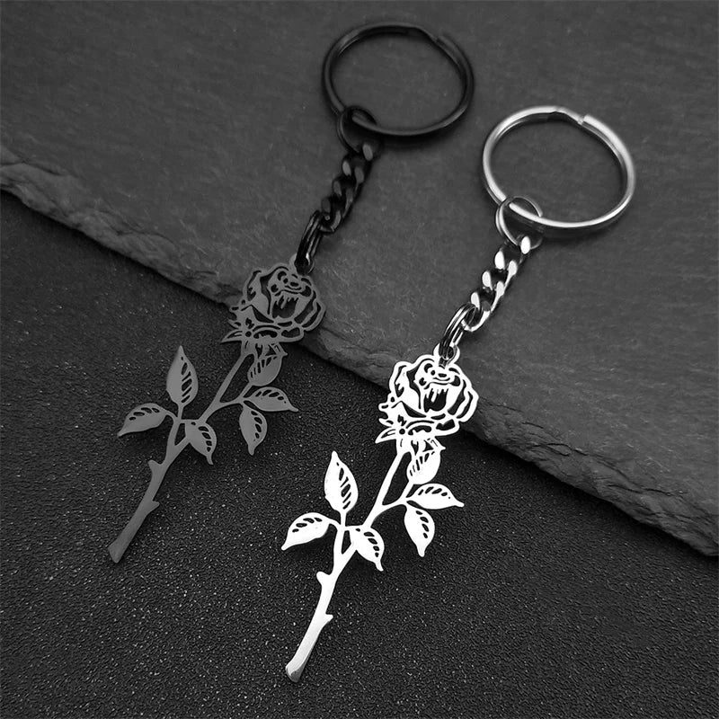 Rose Flower Silver Pendant Keychain — Stainless Steel