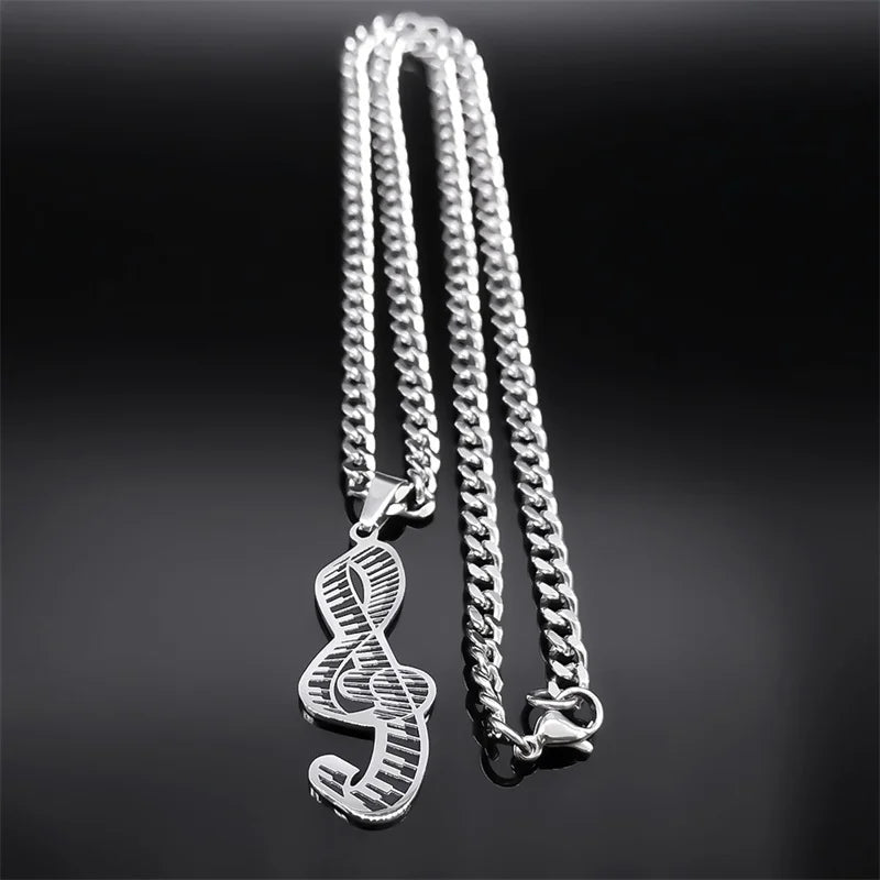 Piano Note Silver Pendant Necklace — Stainless Steel