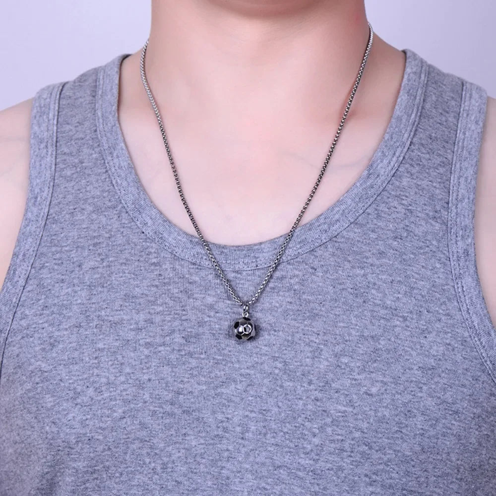 Football Pendant Box Chain Necklace — Stainless Steel