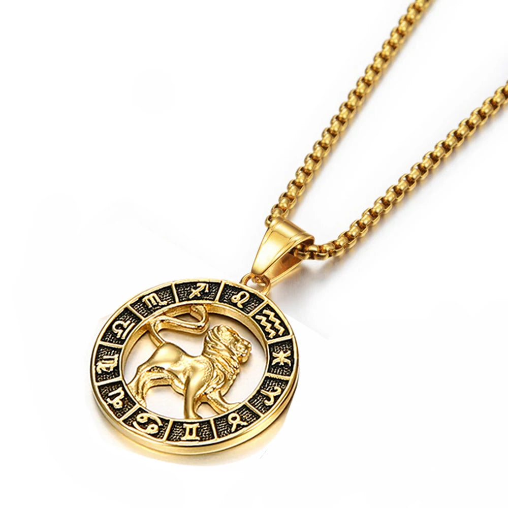Zodiac Sign Leo Scorpio Pendant Necklace for Women/Men Gold Color Stainless Steel Round 12 Constellation Necklaces