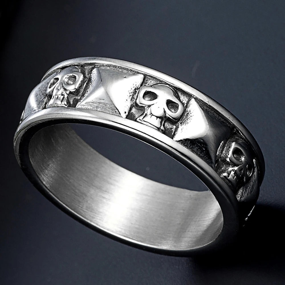316 Stainless Steel Full-Wrap Skull Ring 7mm/12mm Wide Heavy Retro Gothic Punk Band 3D Carved Skeleton Biker Jewelry for Men